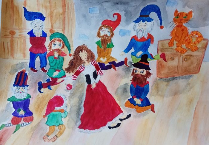 Рисунок-иллюстрация к сказке Белоснежка и семь гномов