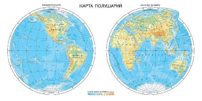 Океаны и материки на карте мира (полушарий) с названиями