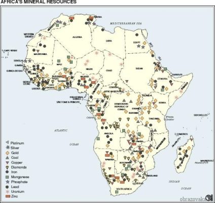 Полезные ископаемые Африки и рельеф для 7 класса, карта месторожденийзападной и северной Африки