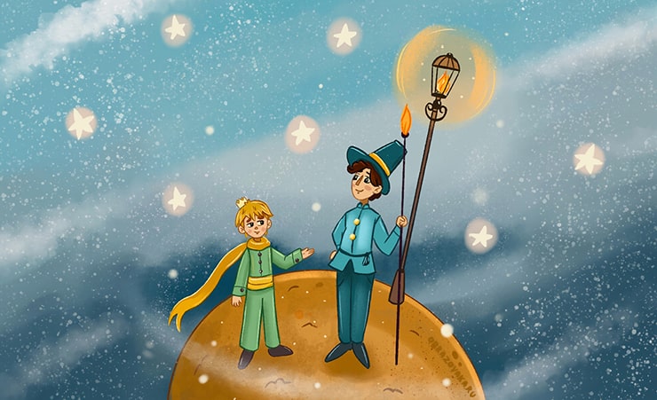 Маленький принц 5 планета. Маленький принц фонарщик. Планета фонарщика маленький принц. Маленький принц и фонарщик иллюстрации. Фонарщик из маленького принца.