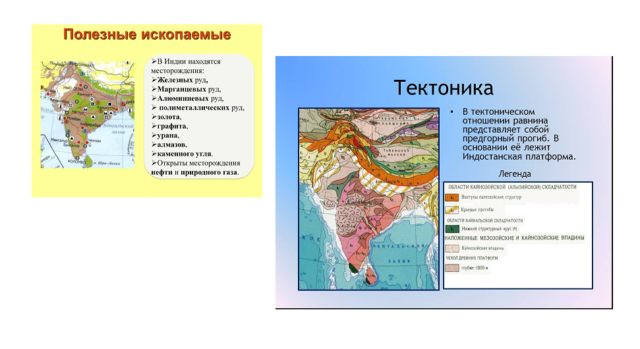 Фрагмент карты. Тектоническое строение и полезные ископаемые Индии